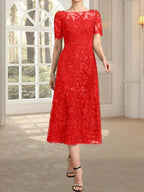 A-line Scoop Illusion Tea-Length Lace Mother of the Bride Dress With Sequins by Dreamylily