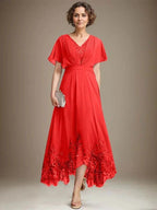 A-line V-Neck Asymmetrical Lace Chiffon Mother of the Bride Dress With Pleated by Dreamylily