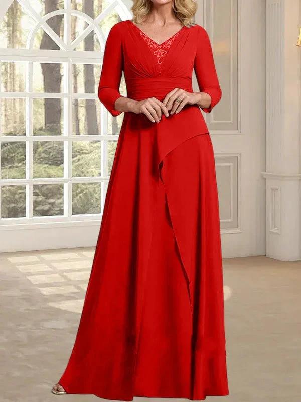 A-line V-Neck Floor-Length Chiffon Mother of the Bride Dress With Pleated Beading by Dreamylily