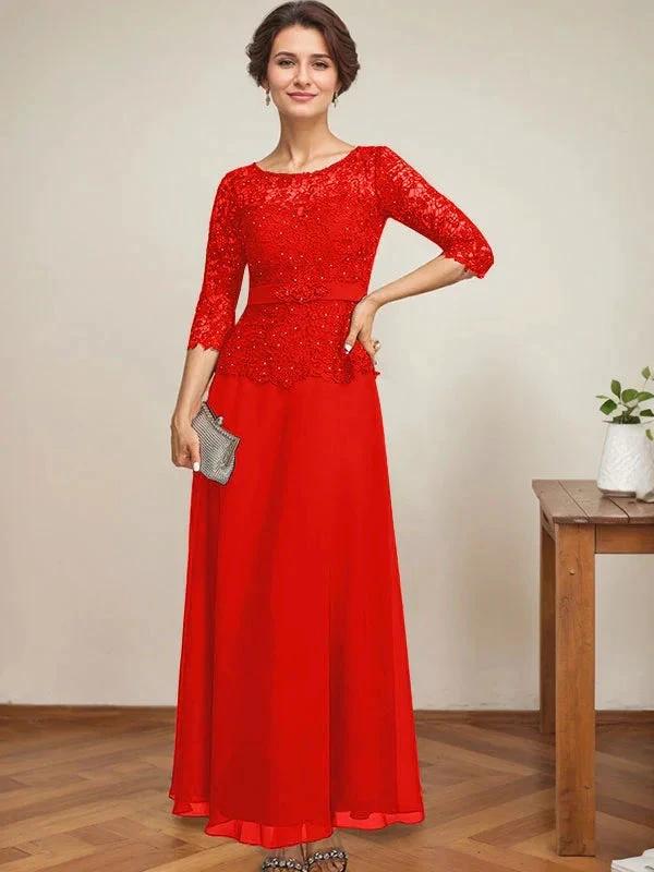 A-line Scoop Illusion Ankle-Length Chiffon Lace Mother of the Bride Dress With Rhinestone Beading by Dreamylily