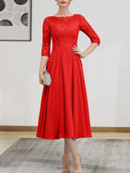 A-line Scoop Illusion Tea-Length Chiffon Lace Mother of the Bride Dress With Beading Sequins by Dreamylily