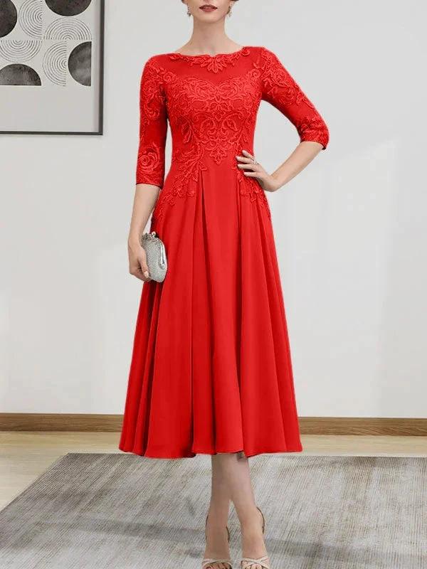 A-line Scoop Illusion Tea-Length Chiffon Lace Mother of the Bride Dress With Beading Sequins by Dreamylily