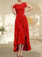 A-line Scoop Illusion Asymmetrical Chiffon Lace Mother of the Bride Dress With Bow Ruffle Sequins by Dreamylily
