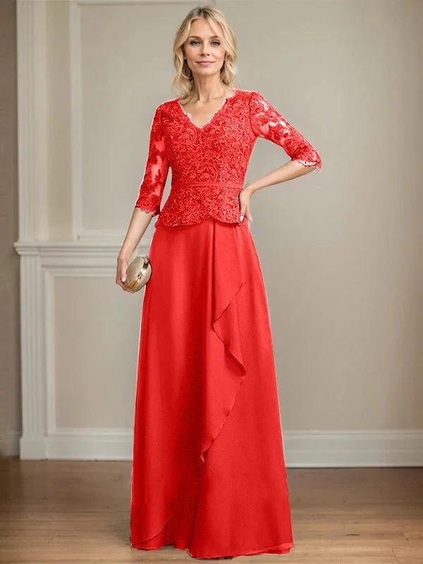 A-line V-Neck Floor-Length Lace Chiffon Mother of the Bride Dress With Cascading Ruffles Sequins by Dreamylily