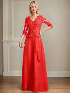 A-line V-Neck Floor-Length Lace Chiffon Mother of the Bride Dress With Cascading Ruffles Sequins by Dreamylily