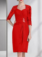 Sheath/Column Sweetheart Knee-Length Chiffon Mother of the Bride Dress With Beading Appliques Lace Sequins Pleated by Dreamylily