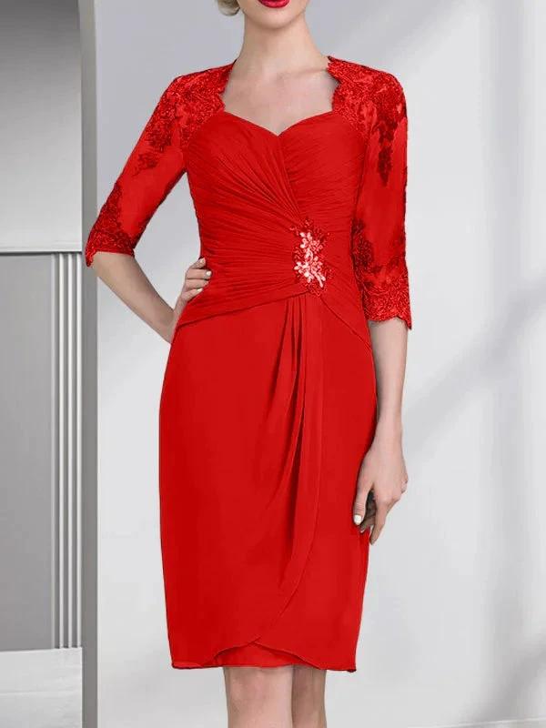 Sheath/Column Sweetheart Knee-Length Chiffon Mother of the Bride Dress With Beading Appliques Lace Sequins Pleated by Dreamylily