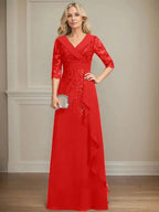 A-line Collared V-Neck Floor-Length Lace Chiffon Mother of the Bride Dress With Sequins Cascading Ruffles by Dreamylily