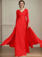 A-line V-Neck Floor-Length Lace Chiffon Mother of the Bride Dress With Sequins by Dreamylily