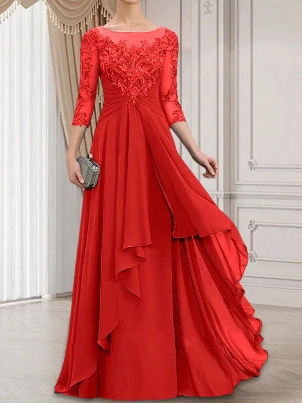 A-line Scoop Illusion Floor-Length Lace Chiffon Mother of the Bride Dress With Cascading Ruffles by Dreamylily