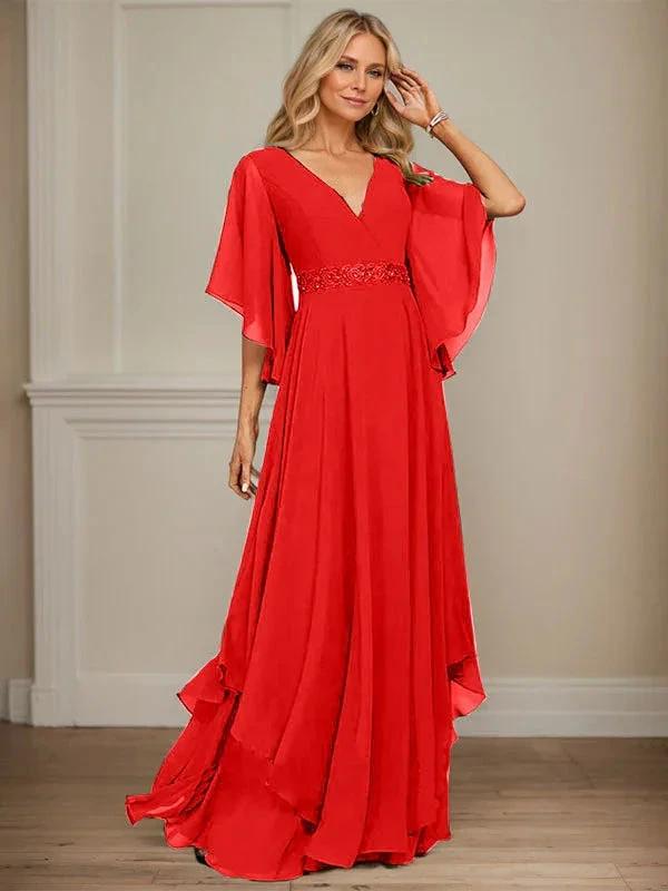 A-line V-Neck Floor-Length Chiffon Mother of the Bride Dress With Sequins Appliques Lace Beading by Dreamylily