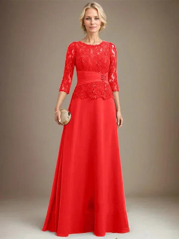 A-line Scoop Illusion Floor-Length Chiffon Lace Mother of the Bride Dress With Pleated Sequins Beading by Dreamylily