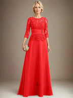 A-line Scoop Illusion Floor-Length Chiffon Lace Mother of the Bride Dress With Pleated Sequins Beading by Dreamylily