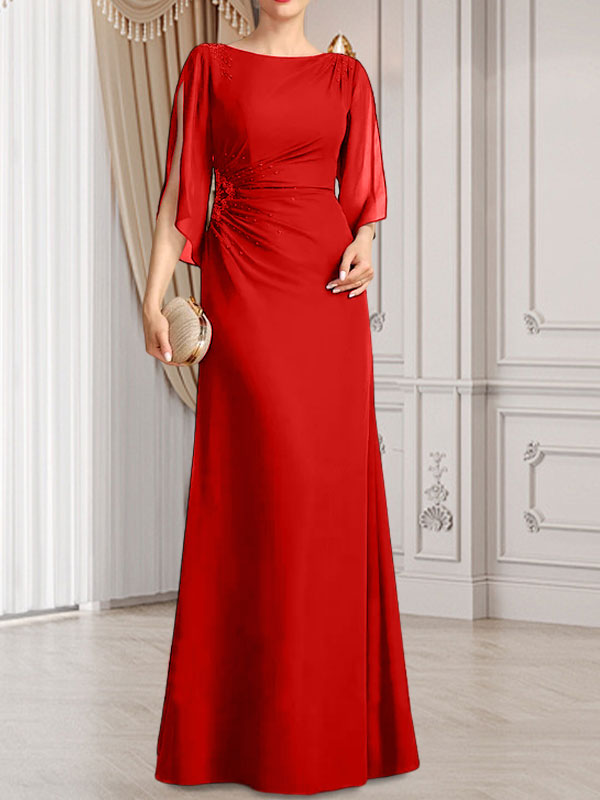 Etui-Linie/Säule U-Ausschnitt Bodenlang Chiffon Kleid für die Brautmutter mit Plissee Perlenbesatz