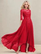 A-line Scoop Illusion Asymmetrical Lace Chiffon Mother of the Bride Dress With Pleated Sequins by Dreamylily