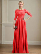 A-line Scoop Illusion Floor-Length Lace Chiffon Mother of the Bride Dress With Sequins by Dreamylily