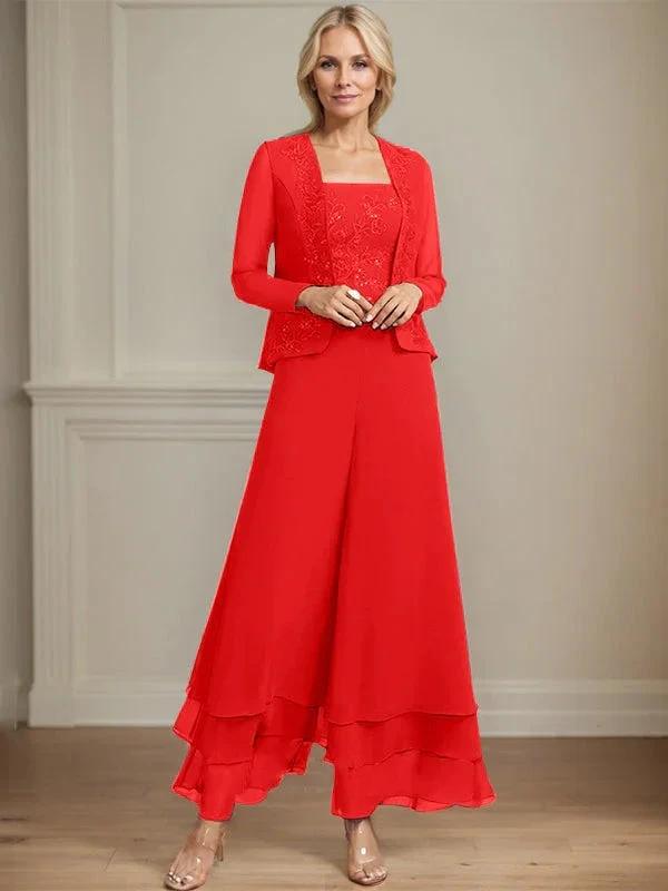 Separates Jumpsuit/Pantsuit Square Ankle-Length Lace Chiffon Mother of the Bride Dress With Sequins by Dreamylily