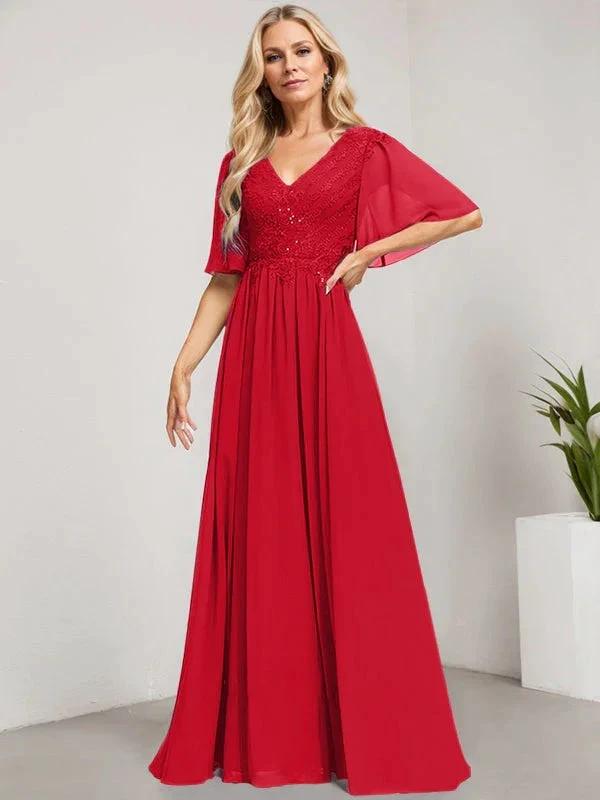 A-line V-Neck Floor-Length Lace Chiffon Mother of the Bride Dress With Sequins by Dreamylily