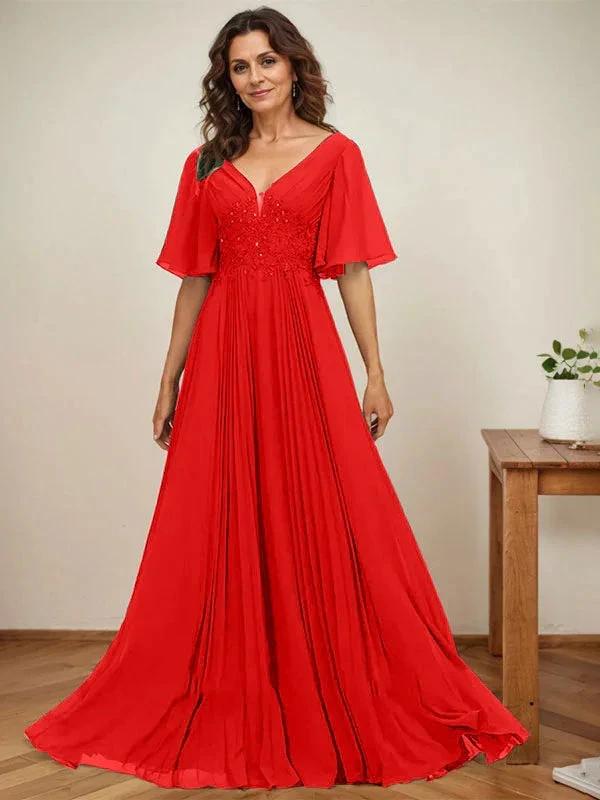 A-line V-Neck Floor-Length Chiffon Mother of the Bride Dress With Sequins Appliques Lace Pleated by Dreamylily
