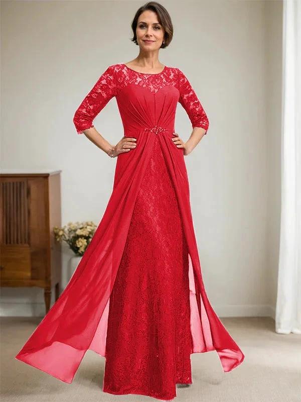 A-Line Scoop Illusion Floor-Length Lace Chiffon Mother Of the Bride Dress With Beading Ruffles by Dreamylily