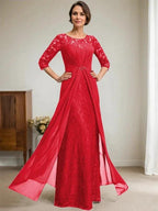A-Line Scoop Illusion Floor-Length Lace Chiffon Mother Of the Bride Dress With Beading Ruffles by Dreamylily