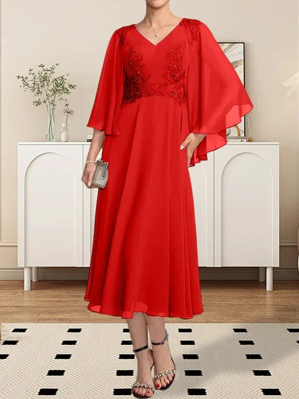 A-line V-Neck Tea-Length Chiffon Lace Mother of the Bride Dress With Beading Sequins by Dreamylily