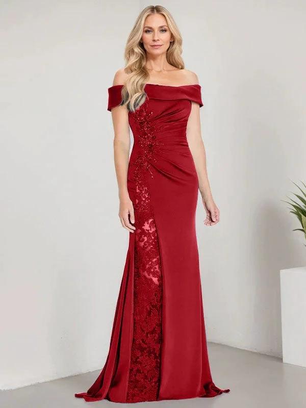 A-Line Off the Shoulder Floor-Length Mother of the Bride Dress Applique Beadings Mermaid Dress With High Split by Dreamylily