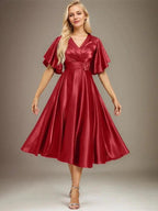 A-line V-Neck Tea-Length Stretch Satin Mother of the Bride Dress With Beading Pleated by Dreamylily