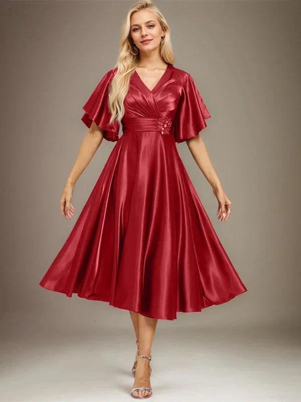 A-line V-Neck Tea-Length Stretch Satin Mother of the Bride Dress With Beading Pleated by Dreamylily