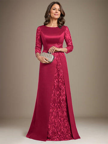 A-Linie U-Ausschnitt Bodenlang Spitze Satin Kleid für die Brautmutter mit Applikation 