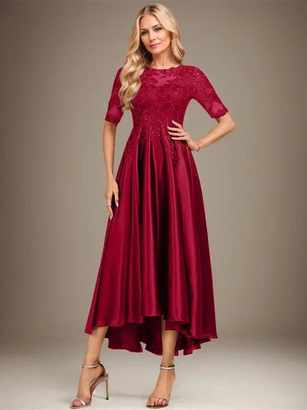 A-line Scoop Illusion Asymmetrical Stretch Satin Lace Mother of the Bride Dress With Sequins by Dreamylily