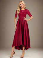 A-line Scoop Illusion Asymmetrical Stretch Satin Lace Mother of the Bride Dress With Sequins by Dreamylily