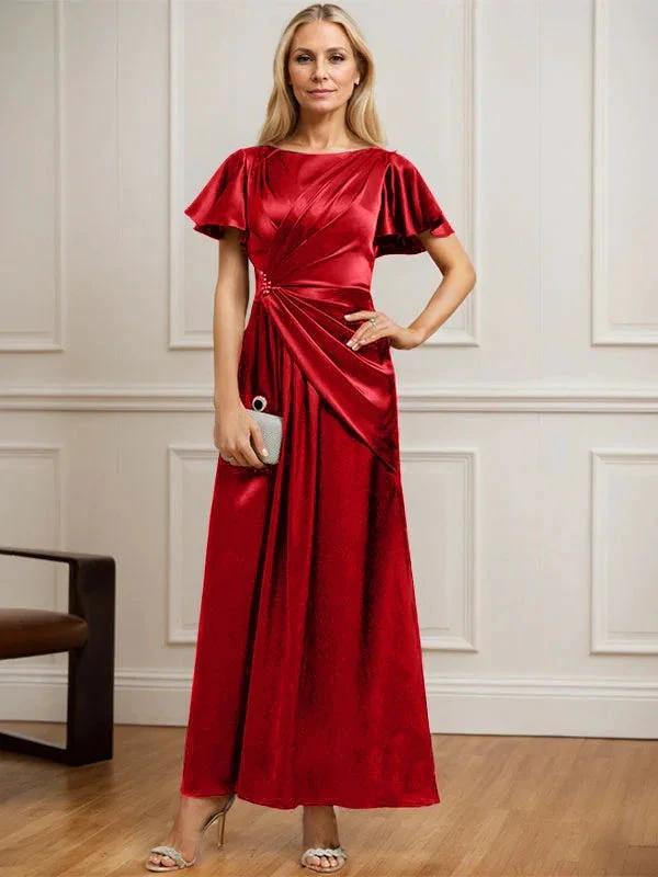 A-line Scoop Ankle-Length Stretch Satin Mother of the Bride Dress With Pleated Beading by Dreamylily