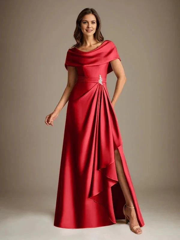 A-Line Scoop Floor-Length Stretch Satin Mother of the Bride Dress With Cascading Ruffles by Dreamylily