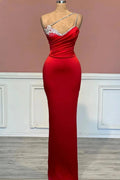 Red Long Mermaid One Shoulder Satin Prom Dress With Beadings Sleeveless by BIZTUNNEL