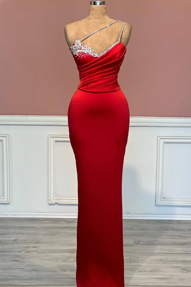 Red Long Mermaid One Shoulder Satin Prom Dress With Beadings Sleeveless Hover Image