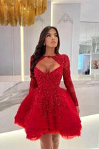 Red Mini A-Line Long Sleeves Ruffles Halter Prom Dresses with Appliques by misshow.com