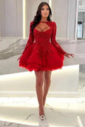 Red Mini A-Line Long Sleeves Ruffles Halter Prom Dresses with Appliques by misshow.com