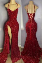 Red Sequins Prom Dress with Slit Shiny Floor-Length Party Dress by misshow.com