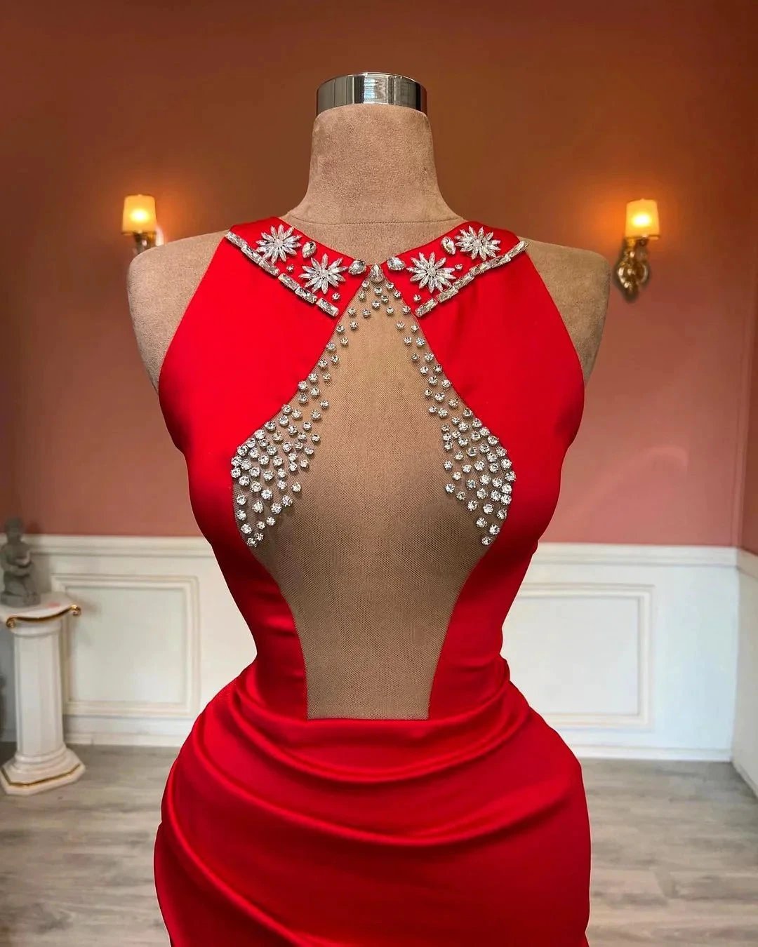 Red Sleeveless Column Beadings Stain Prom Dress with Split by misshow.com
