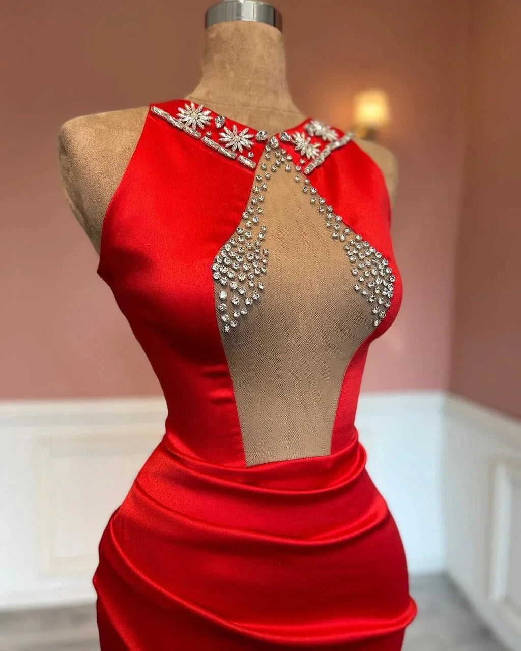 Red Sleeveless Column Beadings Stain Prom Dress with Split by misshow.com