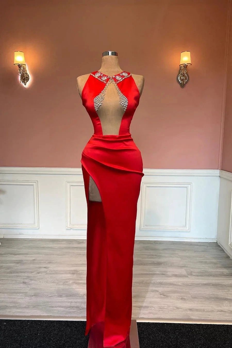 Red Sleeveless Column Beadings Stain Prom Dress with Split by misshow.com