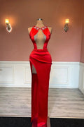 Red Sleeveless Column Beadings Stain Prom Dress with Split by misshow.com
