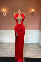 Red Sleeveless Column Beadings Stain Prom Dress with Split by misshow.com