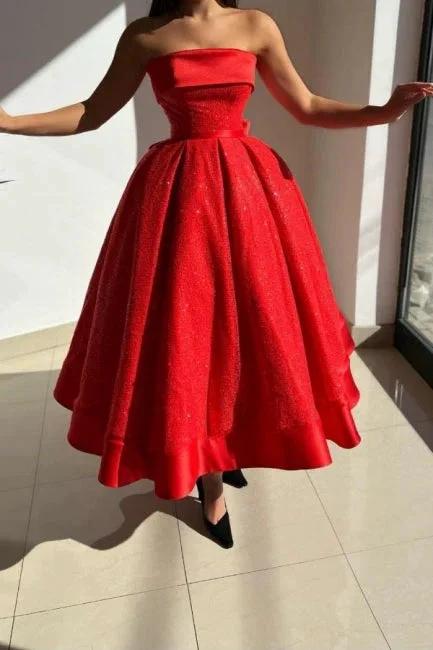 Red Strapless Solid Satin Ball gown Prom Dress by misshow.com