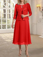 A-line Scoop Tea-Length Lace Chiffon Mother of the Bride Dress With Sequins by Dreamylily