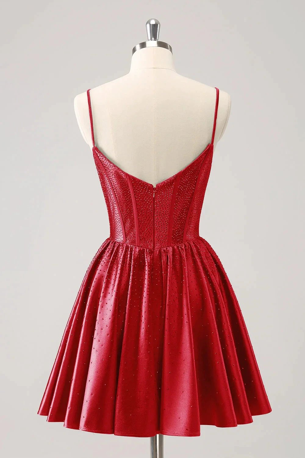 Cute Red A Line Spaghetti Straps Ruffle Corset Short Homecoming Dress with Beading by WEDTREND