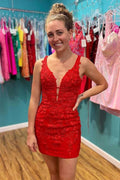 Red Appliques Plunge V Neckline Lace Up Homecoming Dress PD465 by pgmdress