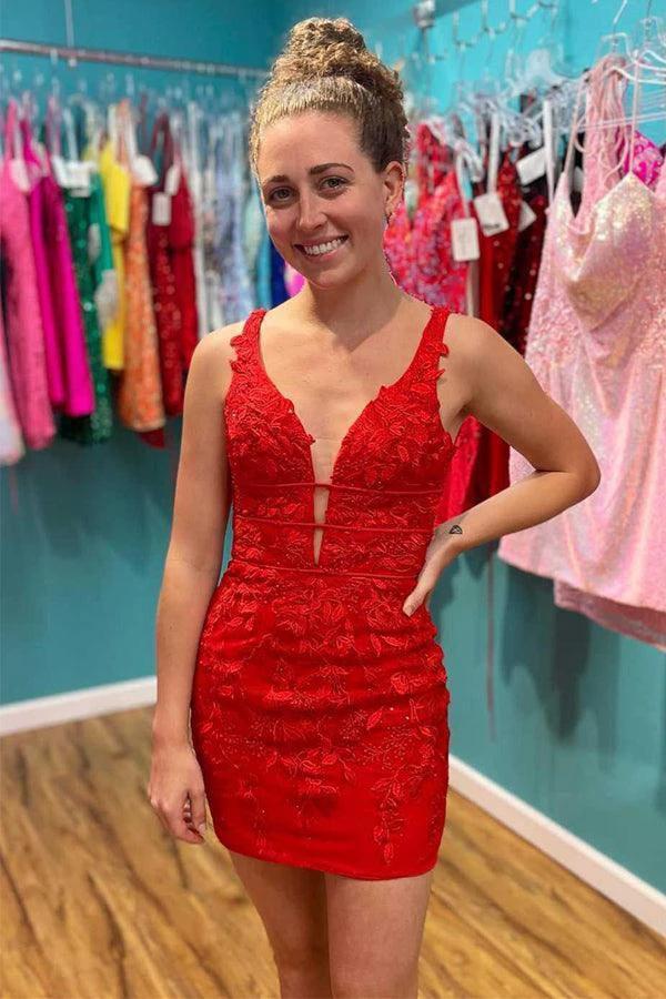 Red Appliques Plunge V Neckline Lace Up Homecoming Dress PD465 by pgmdress