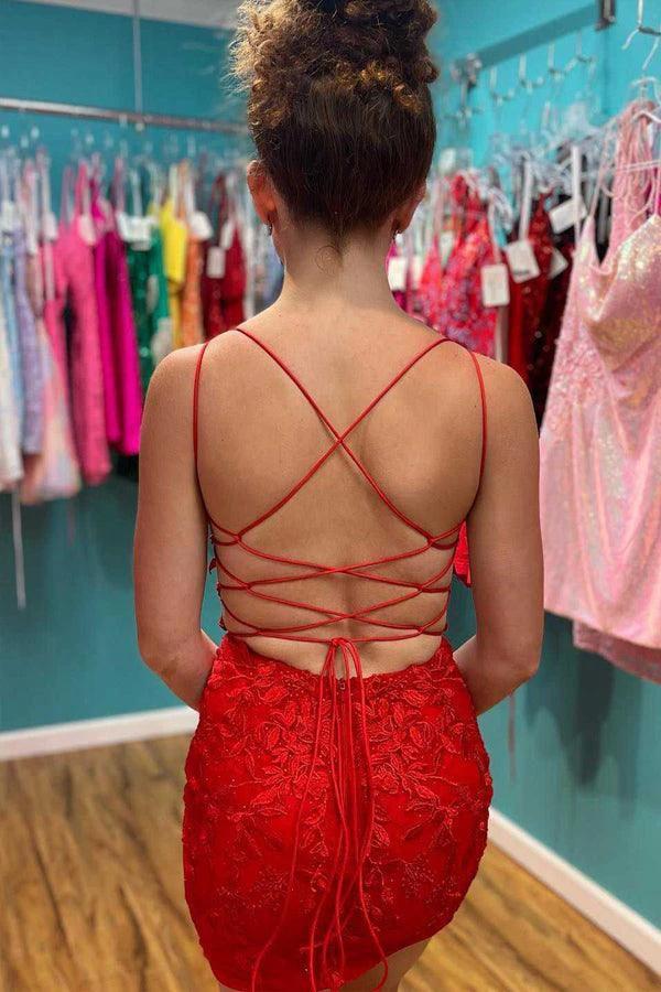 Red Appliques Plunge V Neckline Lace Up Homecoming Dress PD465 by pgmdress